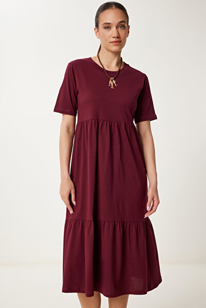 Happiness İstanbul Women's Burgundy Oversize Flounce Summer Knitted Dress Cr00475