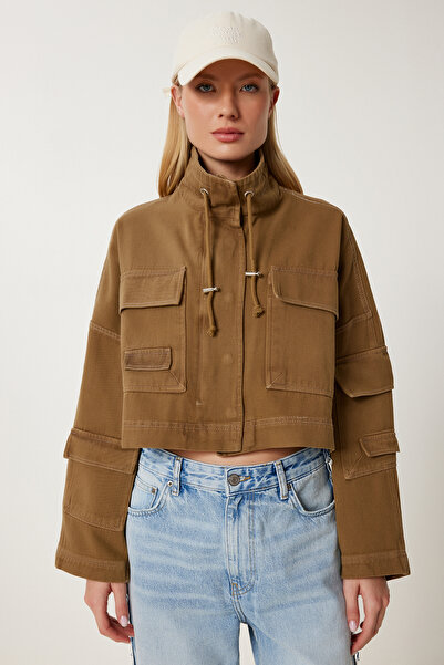 Happiness İstanbul Dámská khaki kapesní bunda Gabardine SA00042