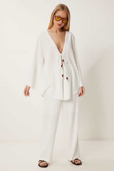 Happiness İstanbul Damen Ecru Leinen Kimono Loose Palazzo Hose Anzug RV00208