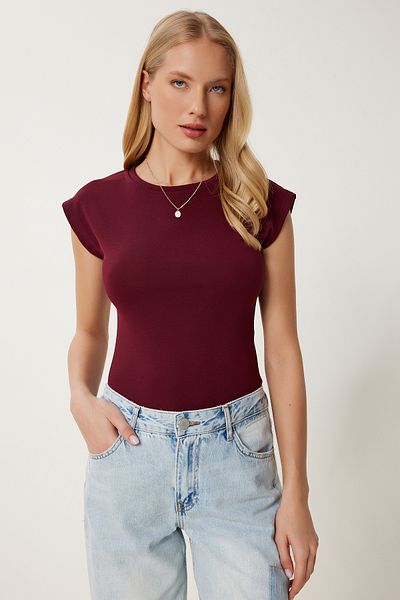 Happiness İstanbul Burgunderrotes ärmelloses, dehnbares Strick-T-Shirt für Damen ZV00307