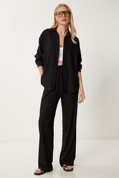 Happiness İstanbul Women's Black Seasonal Woven Shirt Pants Suit Us00983
