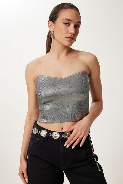 Happiness İstanbul Women's Metallic Gray Sparkle Stretchy Crop Strapless Blouse Ns00434