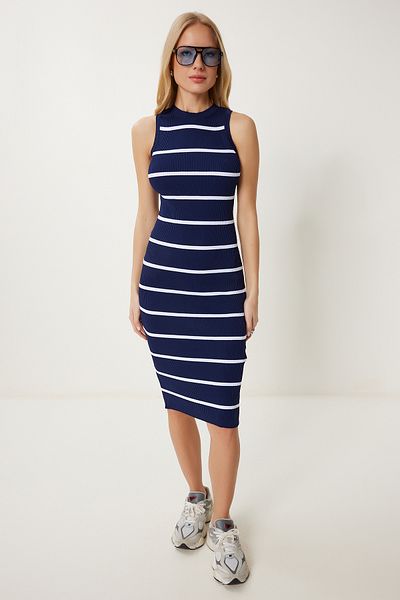 Happiness İstanbul Women's Navy Blue Striped Summer Knitwear Bodycon Dress Ns00442