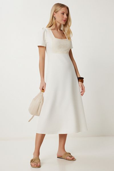 Happiness İstanbul Beigefarbenes Damen-Strickkleid mit Leinenoptik und Spitze CR00503