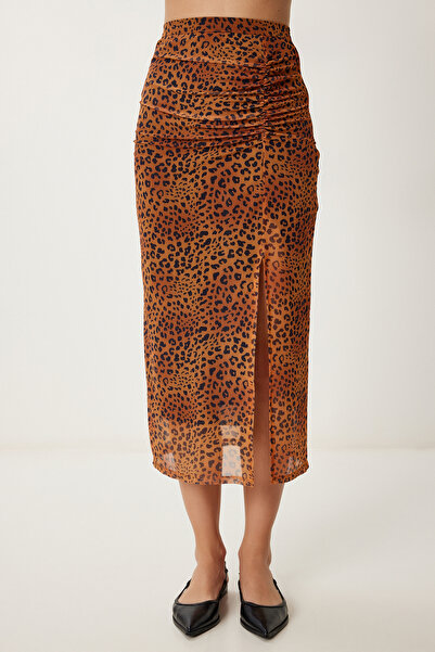 Happiness İstanbul Women's Camel Leopard Patterned Slit Stretchy Chiffon Skirt Cr00490