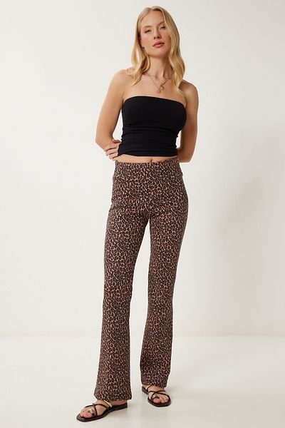 Happiness İstanbul Women Black Pink Patterned Flare Leg High Waist Stretchy Knitted Pants Cr00491