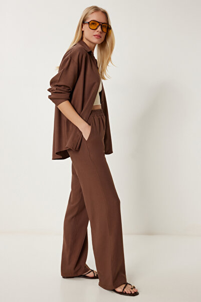 Happiness İstanbul Női barna szezonális szőtt ing nadrágkosztüm US00983