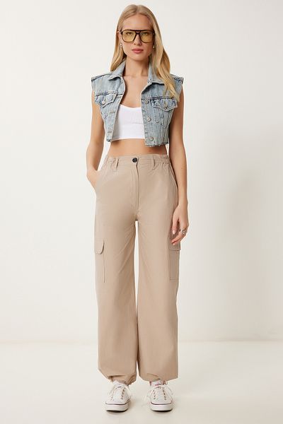 Happiness İstanbul Beigefarbene gewebte Cargohose mit Taschen für Damen MX00188