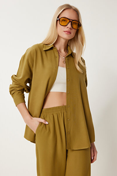 Happiness İstanbul Dámská olivově zelená sezónní tkaná košile Kalhoty Suit US00983