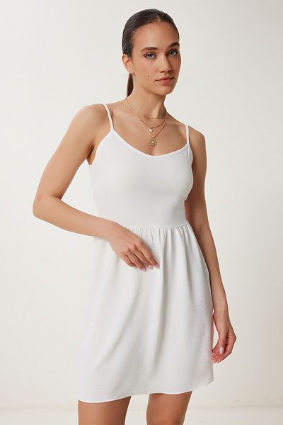 Happiness İstanbul Women's Ecru Strap Stretchy Summer Mini Knitted Dress Gx00003