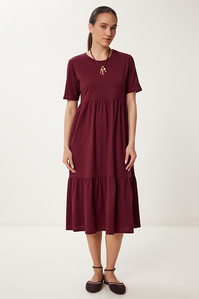 Happiness İstanbul Burgunderrotes, übergroßes Sommer-Strickkleid mit Volant für Damen CR00475