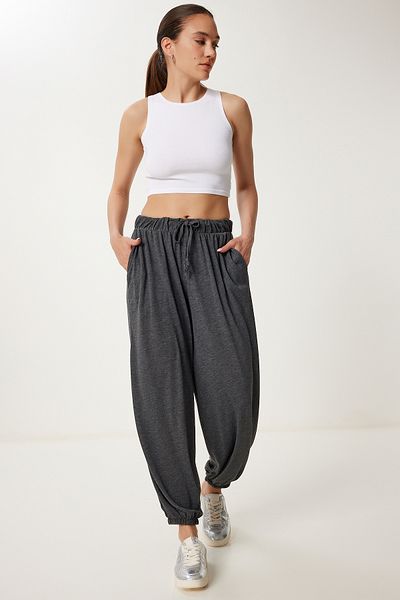 Happiness İstanbul Women's Anthracite Laced Comfortable Knitted Baggy Trousers Us00980
