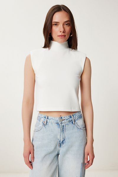 Happiness İstanbul Ecru Damen Stehkragen Gepolstert Cord Bluse mit Stretch US00992