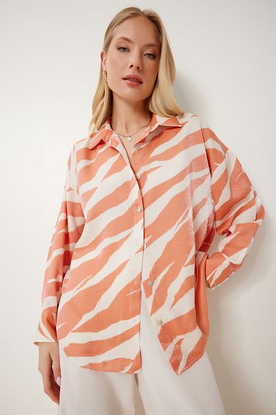 Happiness İstanbul Women's Orange Patterned Satin Surface Viscose Shirt Cr00504