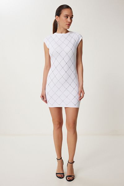 Happiness İstanbul Women's Ecru Stylish Stone Detailed Flexible Bocycon Dress Ns00431