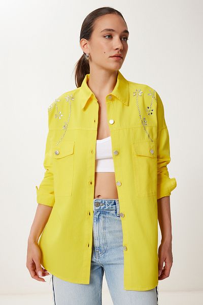 Happiness İstanbul Γυναικείο παλτό πουκάμισο Gabardine Oversize Yellow Stone SA00040