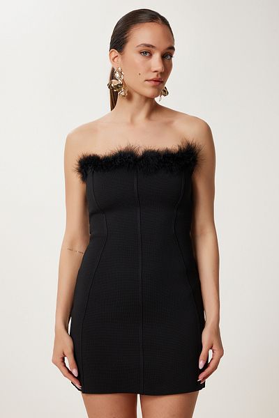 Happiness İstanbul Women's Black Feather Detailed Saran Stretchy Mini Dress Ns00433