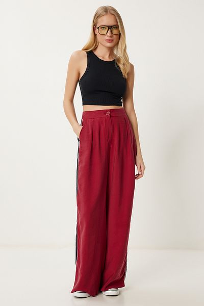 Happiness İstanbul Burgunderfarbene gestreifte Modal Palazzo-Hose für Frauen NS00445