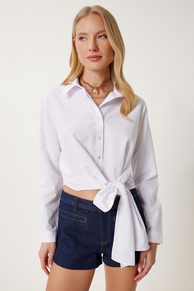 Happiness İstanbul Cămașă crop țesătă cu șireturi albe pentru femei DD01351
