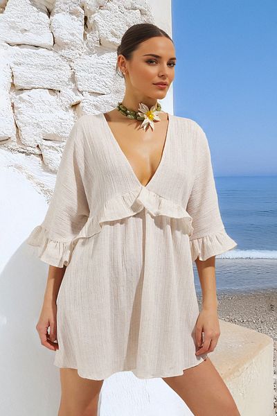 Trendyol Collection Béžové mini tkané plážové šaty Tbess25El00091