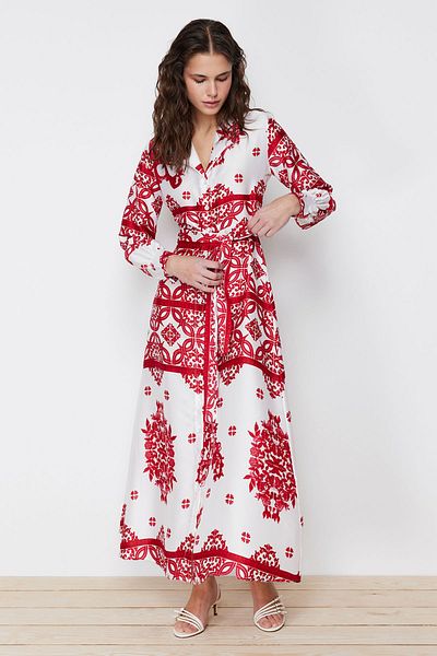 Trendyol Modest Rochie de seară cămașă cu model din satin țesut fucsia TCTSS24EB00039