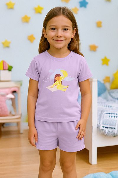 TRENDYOLKIDS Ecru 3-częściowy dziewczęcy komplet piżamowy z krótkim rękawem, wykonany z 100% bawełny, z nadrukiem i paskiem do spania TKDSS25PT00036