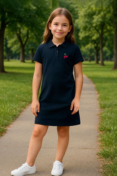 TRENDYOLKIDS Námořnická modrá dívčí 100% bavlna Ovocný vyšívaný polo límec krátké pletené šaty TKDSS25EL00085