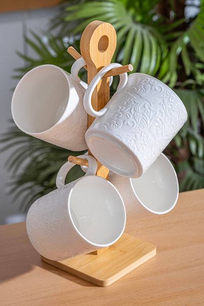ACAR 4-Piece Porcelain Mug Set with Bamboo Stand - MSK108