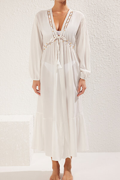 Kolekcia Trendyol Ecru*001 Kvetinová Midi Denim 60% viskózna, 40% Polyester Kimono & Kaftan