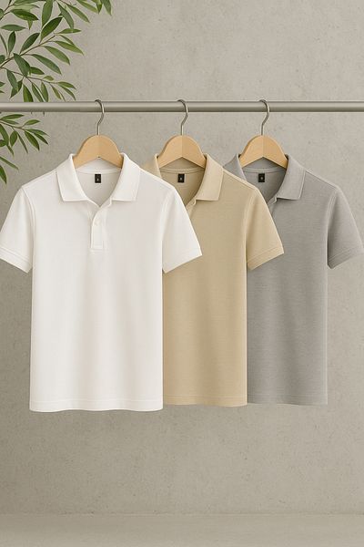 Trendyol Collection Beige-Anthrazit-Weiß Regular/Normal Cut 3er-Pack T-Shirts mit Polokragen TMNSS25PO00047