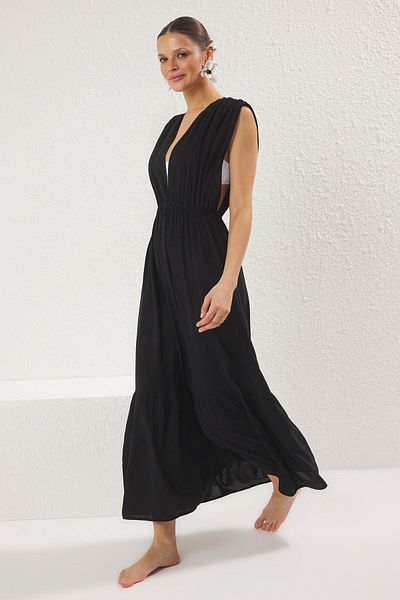 Trendyol Collection Μαύρο Maxi Woven Gather Λεπτομερές φόρεμα παραλίας TBESS25EL00100