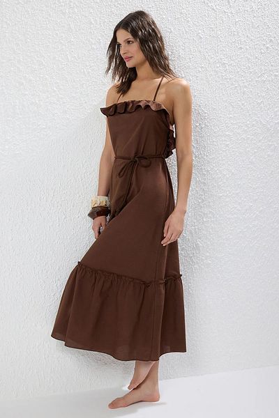 Trendyol Collection Καφέ Maxi υφαντό βολάν 100% βαμβακερό φόρεμα παραλίας TBESS25EL00097
