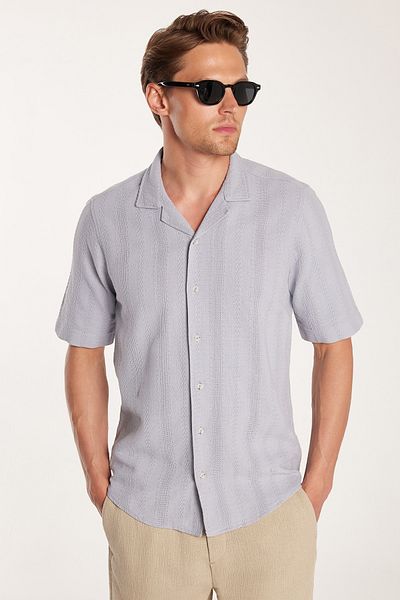 Tudors Men's Regular Fit Classic Cut 100% Cotton Linen Effect Short Sleeve Sports Casual Collar Gray Shirt