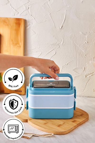 Karaca Blue Puga 2-Tier Steel Lunch Box with Lid Food Carrying and Storage Box
