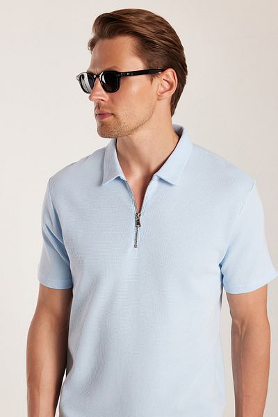 Tudors Tricou pentru bărbați, slim fit, 100% bumbac, cu fermoar, cu gât polo albastru