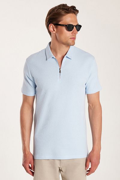 Tudors Tricou pentru bărbați, slim fit, 100% bumbac, cu fermoar, cu gât polo albastru