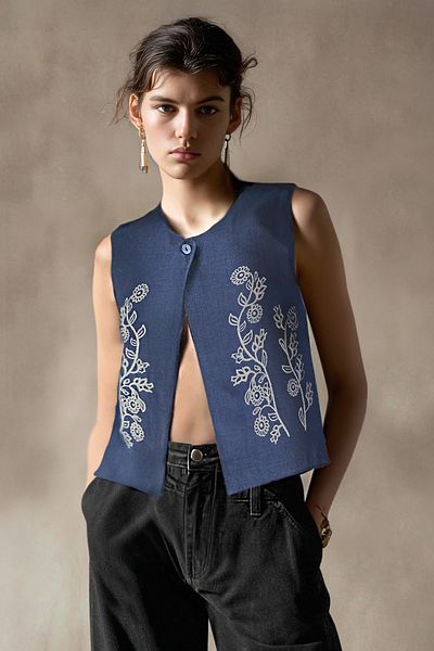 Trendyol Collection Indigó vászon megjelenésű hímzett mellény TWOSS25YE00111