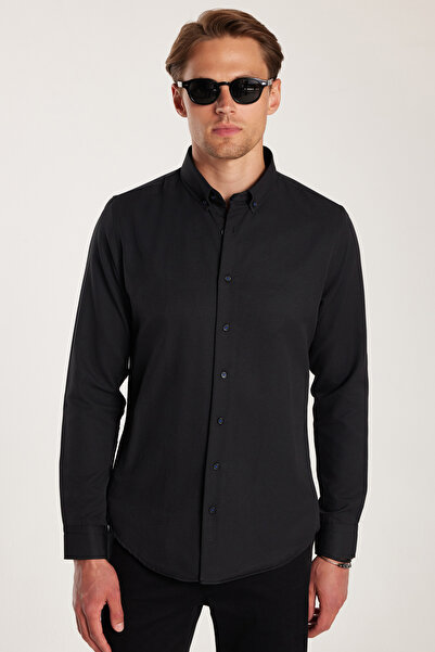 Tudors Slim Fit Uzun Kollu Düğmeli Yaka Pamuklu Kolay Ütü Düz Erkek Gömlek