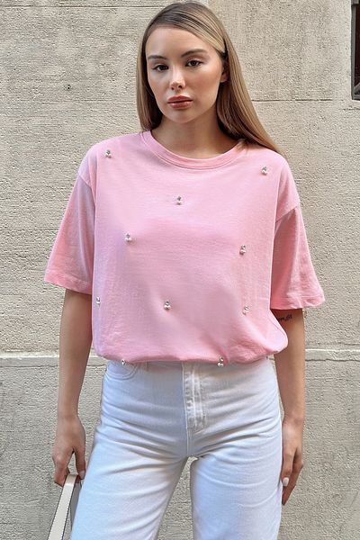 Trend Alaçatı Stili Women's Pink Crew Neck Oversize Pearl and Stone Embroidered T-Shirt Alc-X11964
