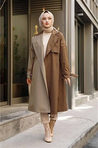 Moda Pery Kadın Modest Su Geçirmez Çift Renkli Tesettür Basic Mevsimlik Trençkot 10016 Vizon Taba