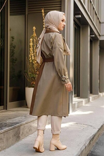 Moda Pery Kadın Modest Su Geçirmez Çift Renkli Tesettür Basic Mevsimlik Trençkot 10016 Vizon Taba