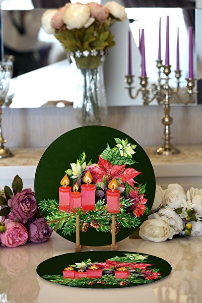 Realhomes 2'li Yeşil Zemin Çam Yapraklı Mum Tasarımlı Dijital Baskılı Modern ...