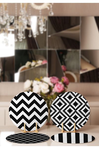 Realhomes 4 piese alb-negru cu desen geometric set de loc și supla