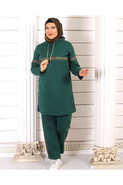 CNG MODA Women's Emerald Green Hooded Glitter Stripe Tracksuit Set