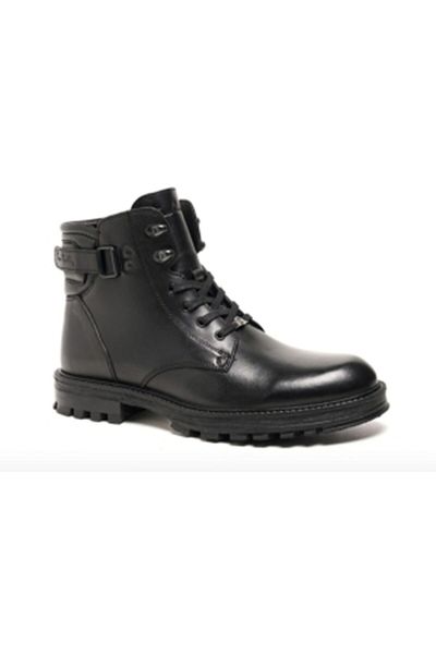 Pierre Cardin 77648 Μαύρες χειμερινές δερμάτινες ανδρικές μπότες με κορδόνια με φερμουάρ