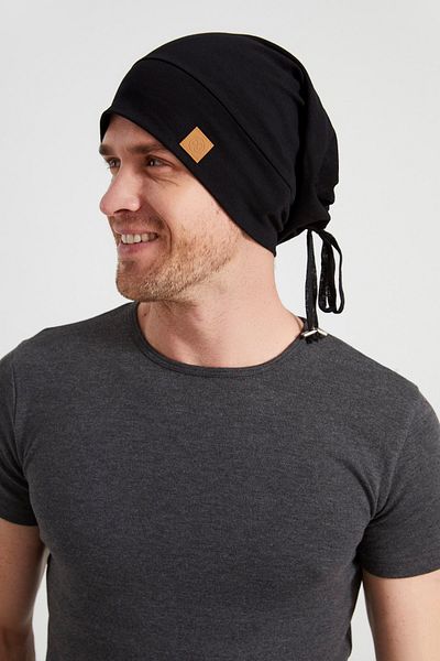 Butikgiz Men's Black, Rope Detailed Special Design 4 Season Hat Beret Buff - Ultra Soft Natural Combed Cotton Fabric