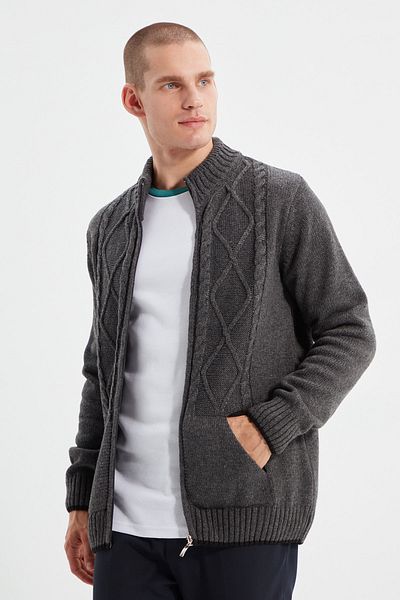 Trendyol Collection Anthracite Color Regular Fit Wool Knitwear Cardigan with Zipper and Pocket Tmnaw21Hi0349