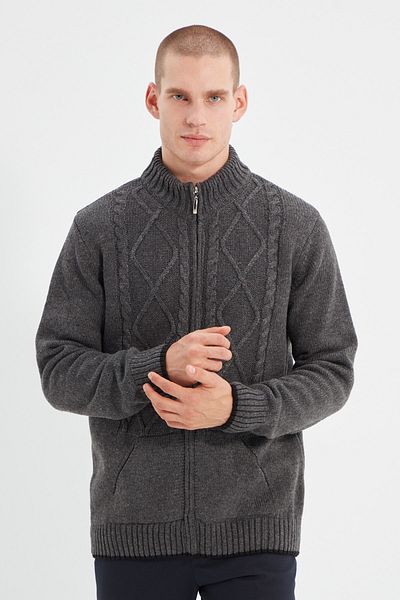 Trendyol Collection Anthracite Color Regular Fit Wool Knitwear Cardigan with Zipper and Pocket Tmnaw21Hi0349