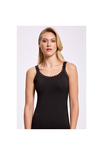 İLKE İÇ GİYİM Ilke 2212 Tricou cu bretele din dantelă Lycra pentru femei - Negru