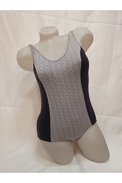 Angel Sea Γυναικείο μαγιό με γκρι σχέδιο, μαύρο, με στρογγυλή λαιμόκοψη σε σχ...